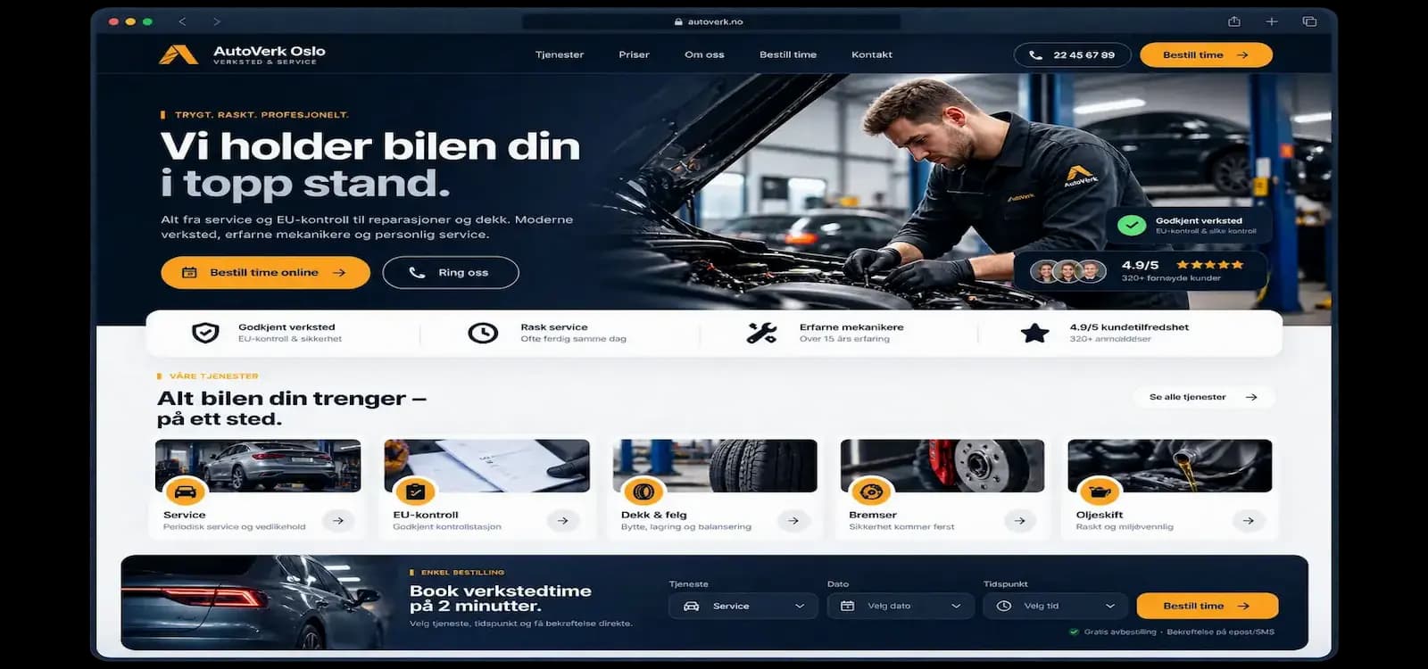 Eksempel på nettside for Bilverksted, bygget med Sbooking