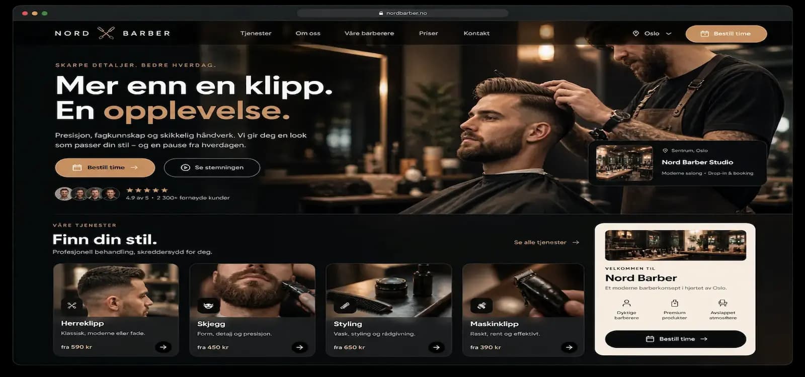 Eksempel på nettside for Barbersalong, bygget med Sbooking