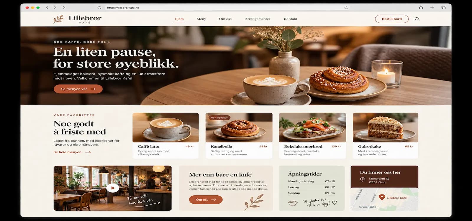 Eksempel på nettside for Kafé og takeaway, bygget med Sbooking