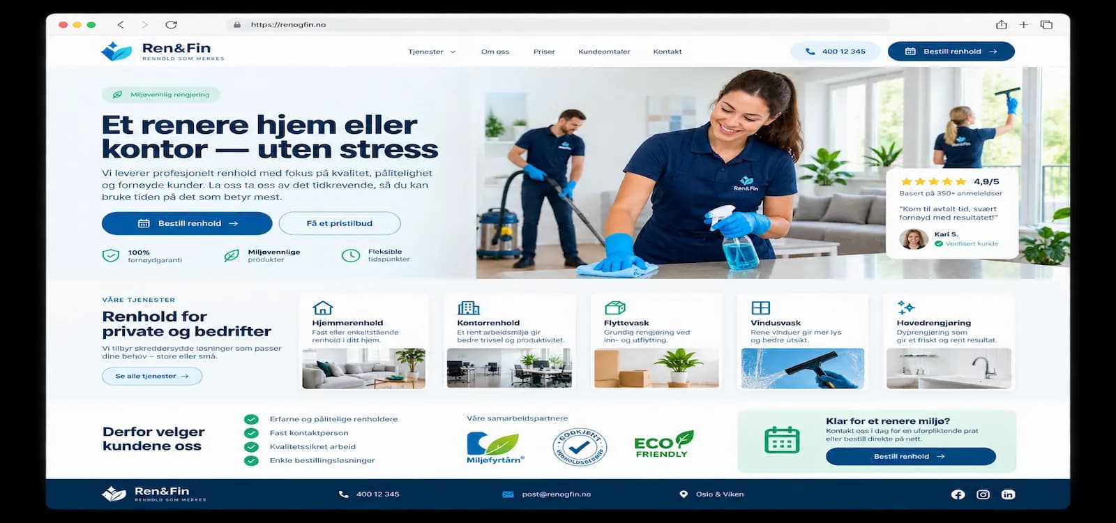 Eksempel på nettside for Renholdsbedrift, bygget med Sbooking