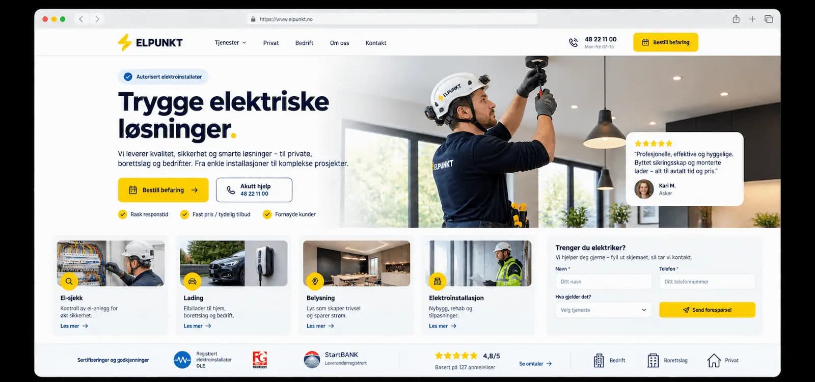 Eksempel på nettside for Elektriker, bygget med Sbooking