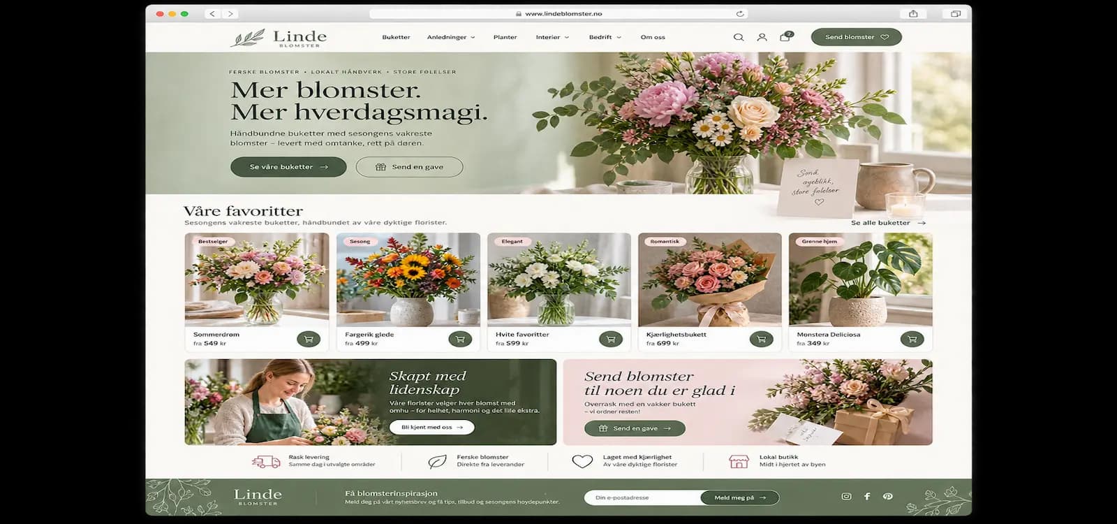 Eksempel på nettside for Blomsterbutikk, bygget med Sbooking