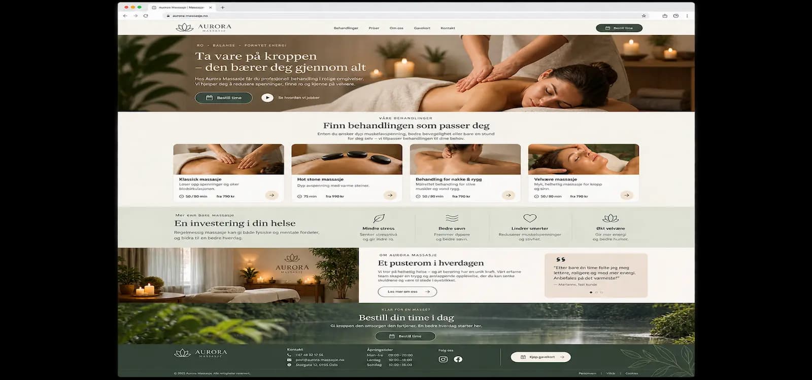 Eksempel på nettside for Massasjestudio, bygget med Sbooking
