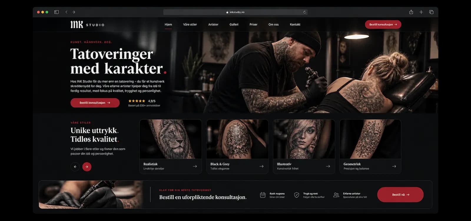 Eksempel på nettside for Tatoveringsstudio, bygget med Sbooking
