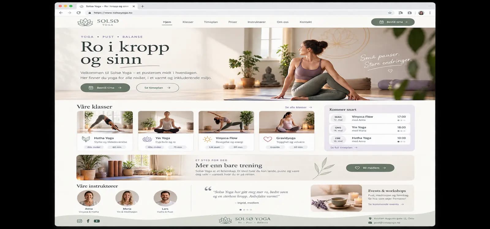 Eksempel på nettside for Yogastudio, bygget med Sbooking
