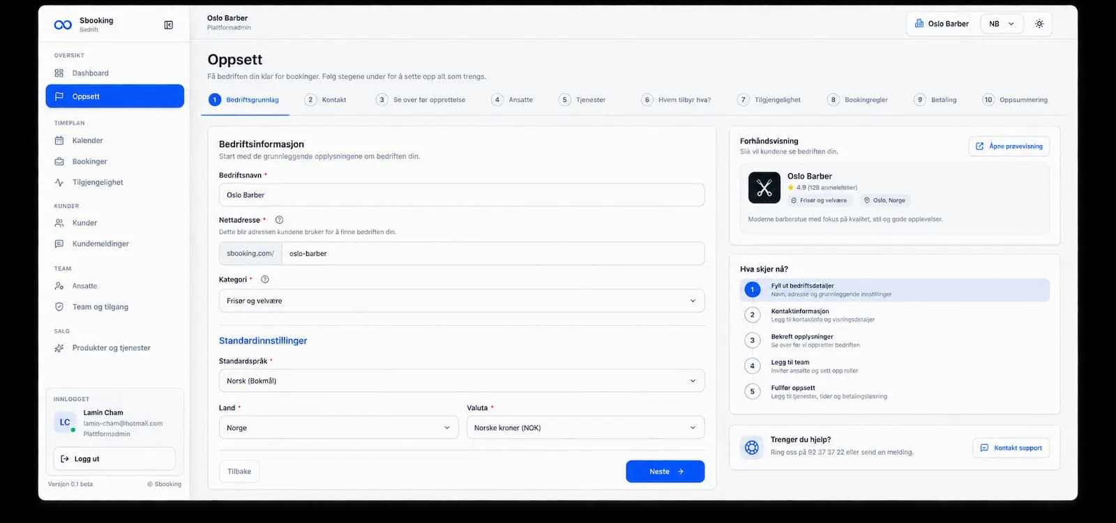 Sbooking-onboarding som viser det første skjemaet for bedriftsoppsett